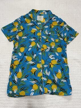 Printfresh Lemon Pajama Set 2X Top Medium Pants Blue Citrus Fruit Print
